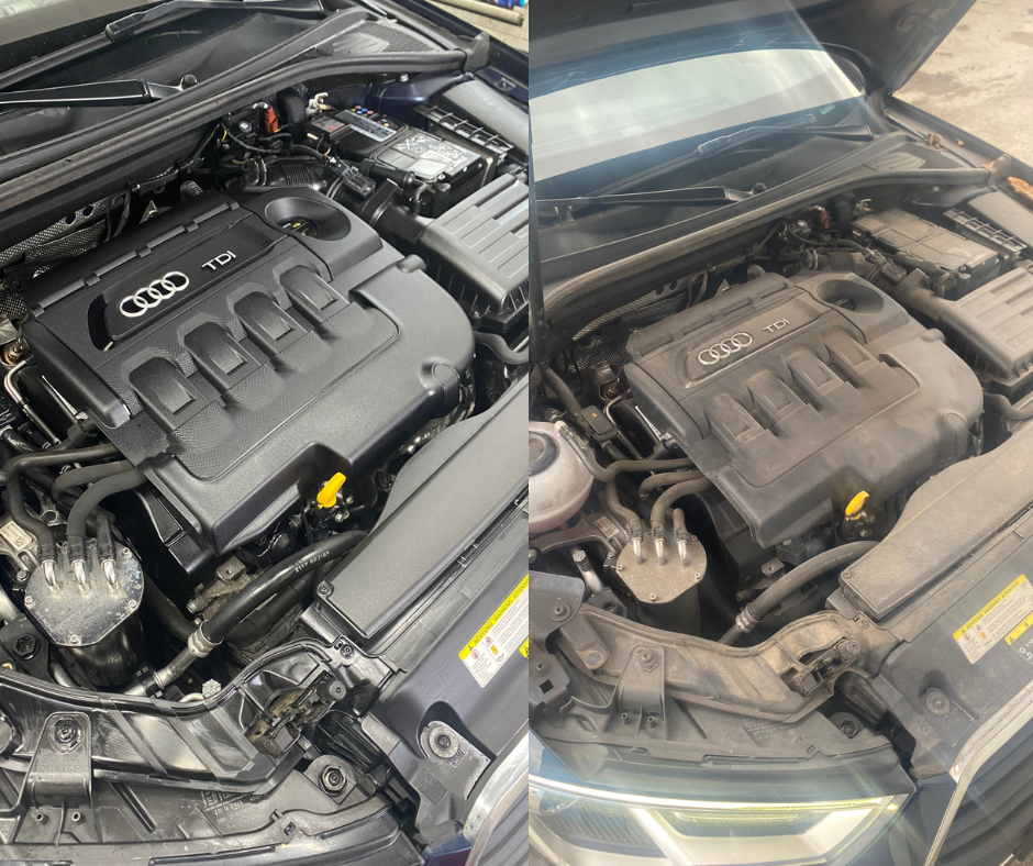 Vorher Bild – verschmutzter Motorraum vor der professionellen Reinigung bei Alpha Autoaufbereitung