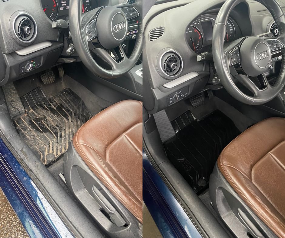 Vorher Bild – stark verschmutzter Autoinnenraum vor der Reinigung bei Alpha Autoaufbereitung
